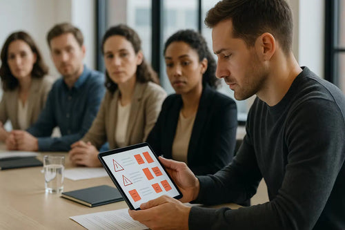 Person reviews a tablet showing warning icons and risk cards during a team meeting.