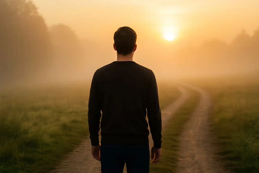 Person facing a forked dirt path at misty sunrise, weighing a decision ahead.