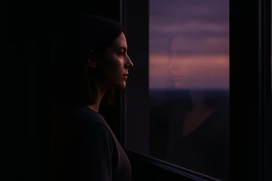 Person gazing out a window at dusk, reflection hinting at future-self contemplation.