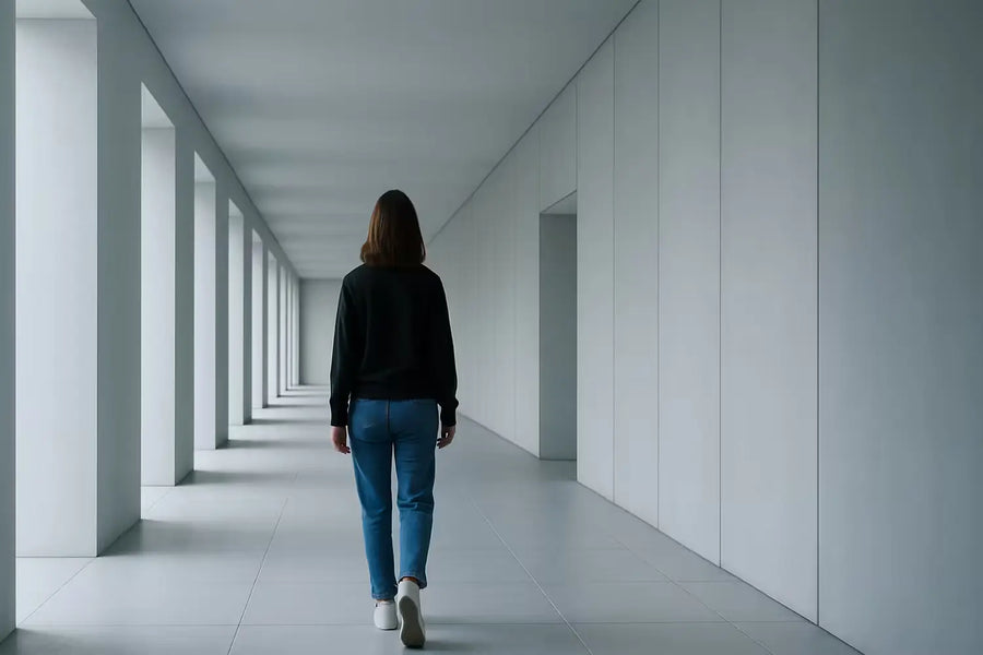 Person walking alone down a long minimalist white corridor, symbolizing mental distance and reflection.