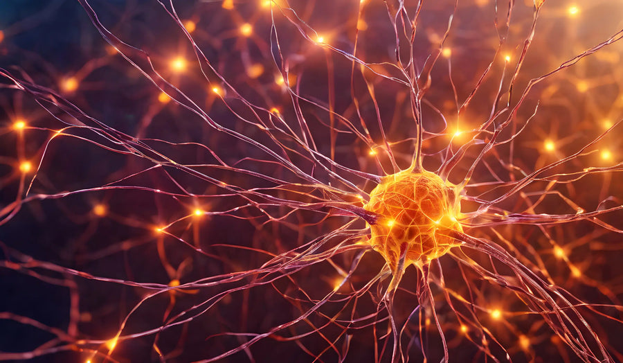 Decision fatigue science illustrated by a brain neuron firing with glowing orange synapses showing glutamate buildup.