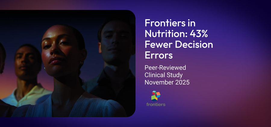 Frontiers in Nutrition banner: peer-reviewed decision fatigue study shows 43% fewer decision errors, November 2025.