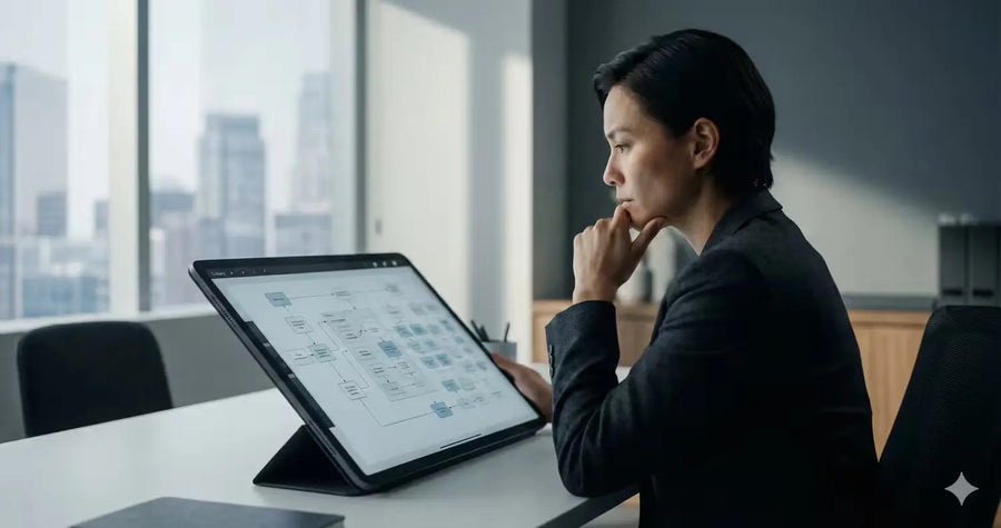 Person studying a workflow flowchart on a tablet in a modern office, planning carefully.