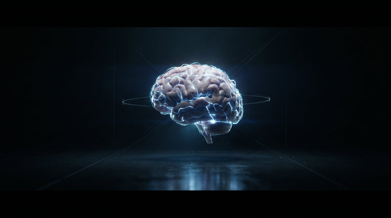 Human brain glowing with blue electrical energy, illustrating decision fatigue and brain chemistry.