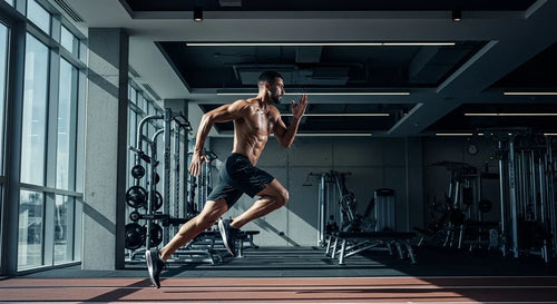 Athlete sprinting mid-stride through a modern gym, illustrating elite physical and mental performance.