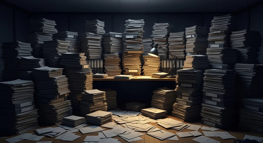 Desk lamp glowing amid towering stacks of paperwork, evoking decision overload in a dark office.