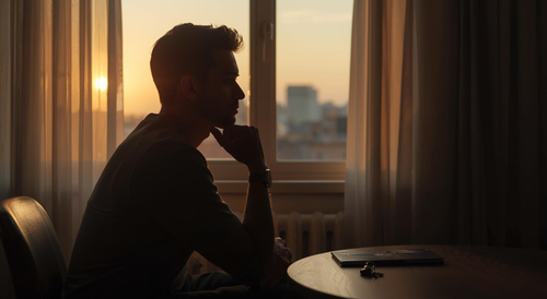 Person sits pensively by a window at sunset, hand on chin, reflecting on a decision.