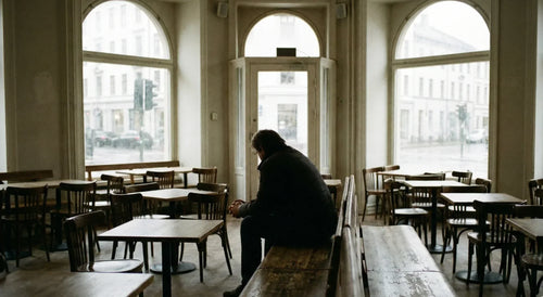 Person sitting alone with clasped hands in an empty cafe, weighing a heavy decision.