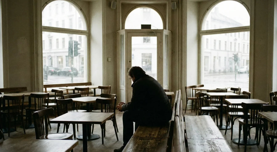 Person sitting alone with clasped hands in an empty cafe, weighing a heavy decision.