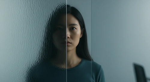 Person half-obscured behind frosted glass, illustrating hidden decision biases and unclear thinking.
