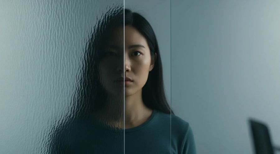Person half-obscured behind frosted glass, illustrating hidden decision biases and unclear thinking.