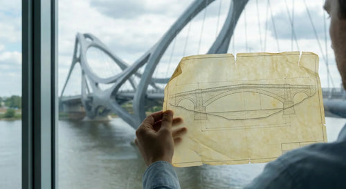 Person holds an aged stone-arch bridge sketch against a modern cable bridge outside.