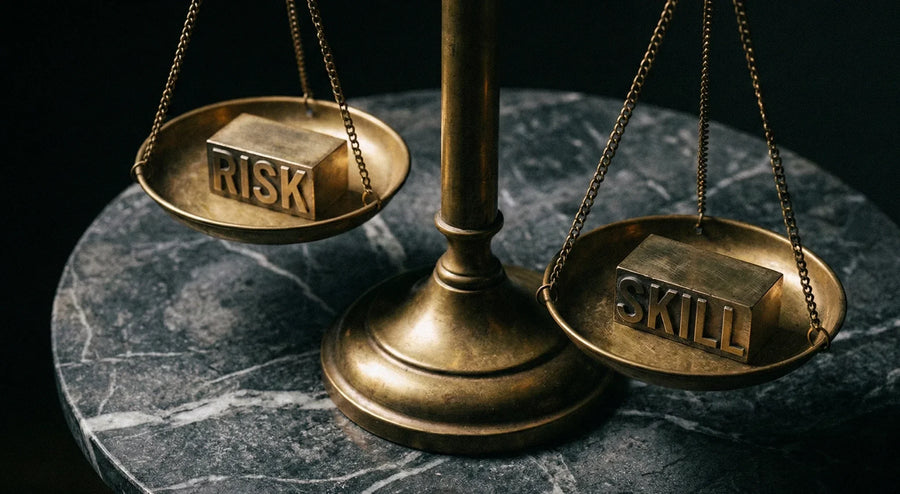 Brass balance scale weighing a RISK block against a SKILL block on dark marble.