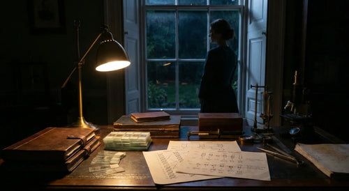 Dimly lit vintage study with genetic diagrams and a microscope, a researcher gazing out the window.