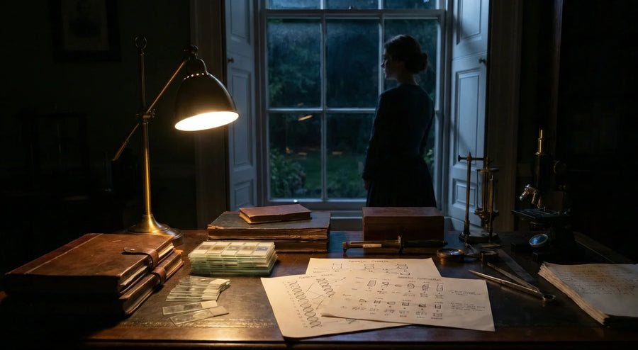 Dimly lit vintage study with genetic diagrams and a microscope, a researcher gazing out the window.