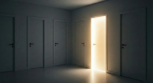 One glowing open door among several closed ones in a dim room, illustrating decision-making choices.