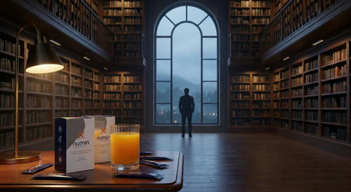 Numin drink boxes and mixed orange glass on a library table, person gazing out a misty window.