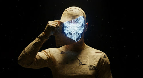 Newspaper-covered figure peels back its face to reveal a glowing skull and brain.