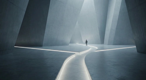 Person standing where a glowing forked path splits inside a vast concrete space.