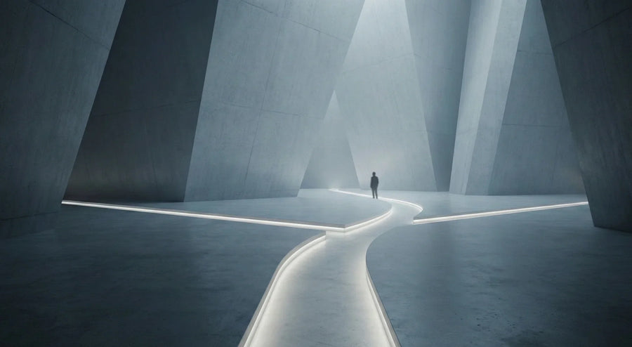 Person standing where a glowing forked path splits inside a vast concrete space.