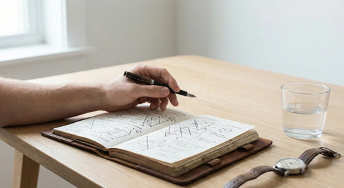 Hand with fountain pen sketching system diagrams in a notebook, illustrating expert pattern recognition.