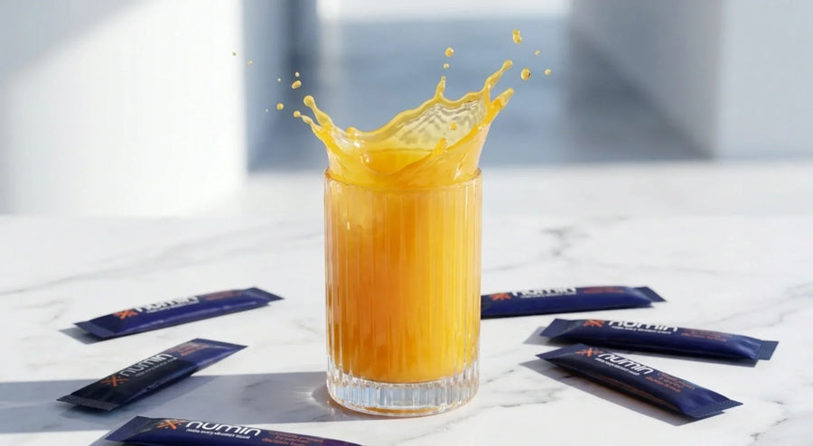 Numin drink splashing in a ribbed glass, surrounded by stick packs on marble.