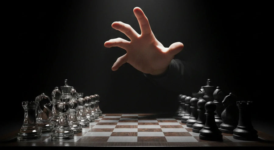 Hand reaching over a chessboard of glass and black pieces, illustrating decision-making strategy.