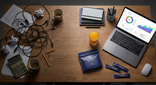 Cluttered work desk overhead view with a Numin pouch and stick packs beside a laptop showing analytics, scattered cables, and crumpled paper.