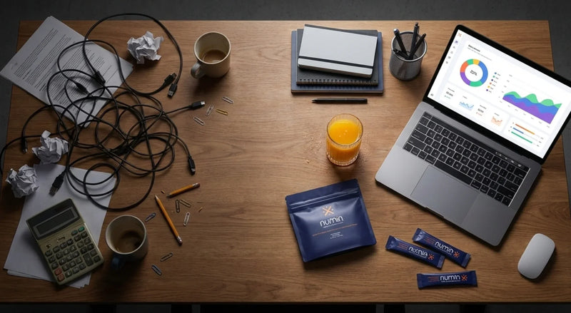 Cluttered work desk overhead view with a Numin pouch and stick packs beside a laptop showing analytics, scattered cables, and crumpled paper.