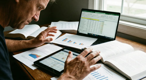 Person analyzing spreadsheets, charts, and data across a laptop, tablet, and open books.