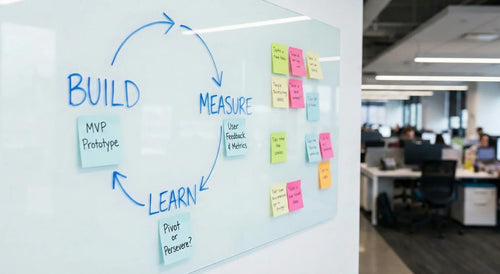Build, Measure, Learn feedback loop drawn on a glass office whiteboard with sticky notes.