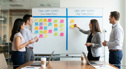 Team sorts sticky notes on a whiteboard split into two-way and one-way door decisions.