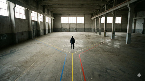 Person stands where colored floor lines split into three paths, illustrating decision fatigue at a crossroads.