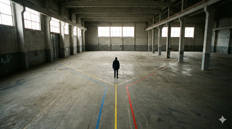 Person stands where colored floor lines split into three paths, illustrating decision fatigue at a crossroads.