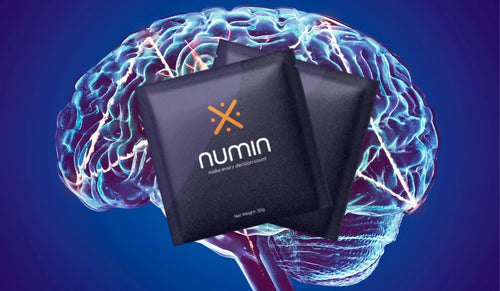Brain health supplement sachets displayed in front of an electrified digital brain graphic