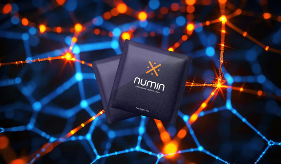 Brain support product Numin packets displayed against a glowing neural network background symbolizing enhanced cognition and mental performance.