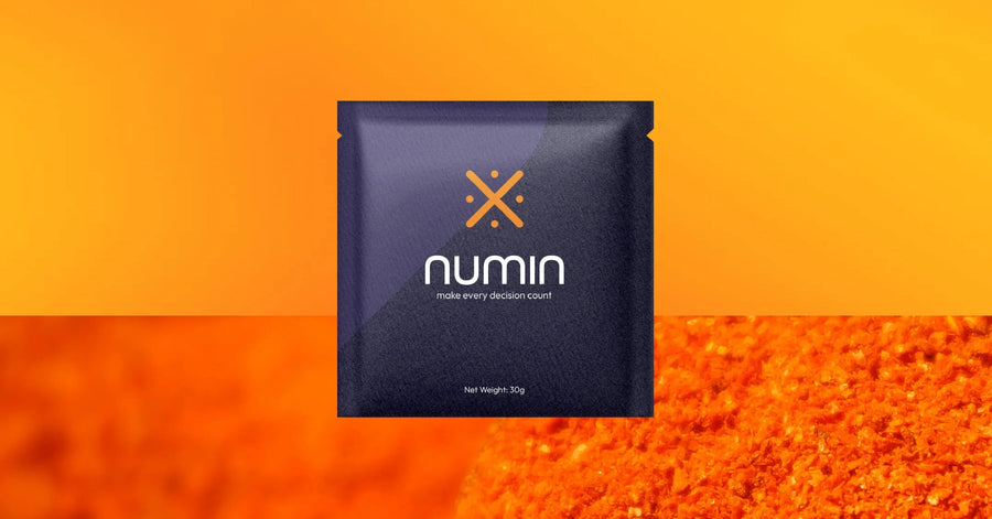 Supplements for decision-fatigue shown in Numin sachet packaging over a split orange background