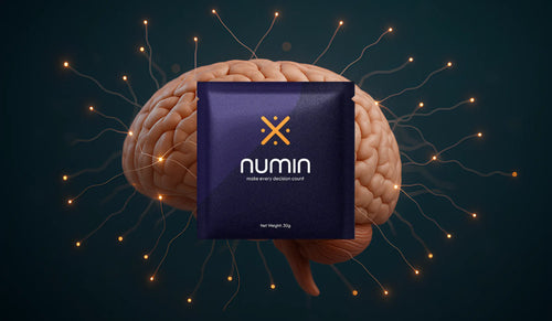 Cognitive support drink Numin packet displayed in front of an illuminated brain with glowing neural connections symbolizing enhanced mental function