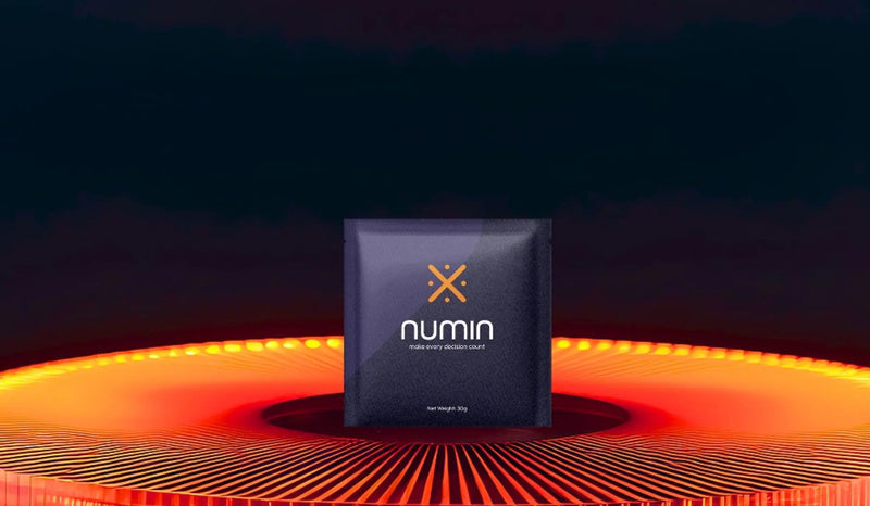 Decision fatigue supplement packet with futuristic lighting and bold branding design
