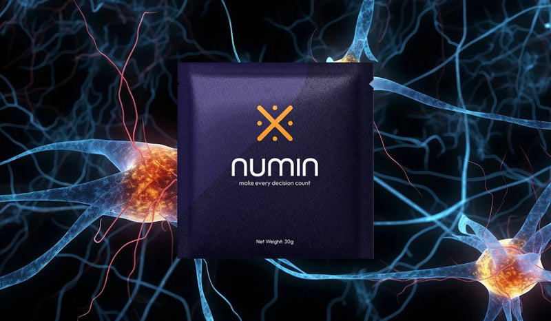 Fatigue-reducing drink sachet by Numin shown with glowing neural connections in the background