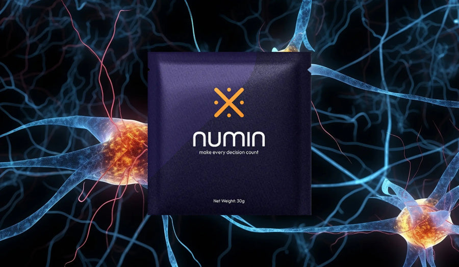 Fatigue-reducing drink sachet by Numin shown with glowing neural connections in the background