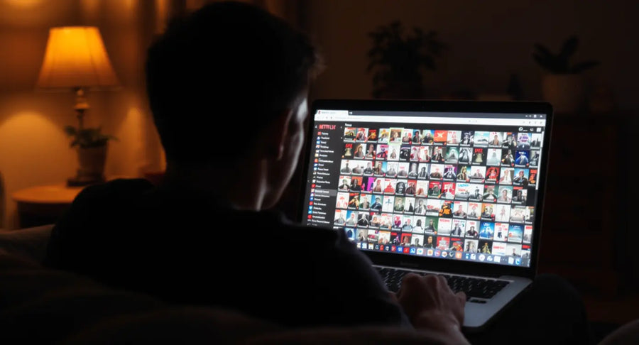 Person facing a laptop grid of streaming titles at night, unable to choose, decision fatigue in action.