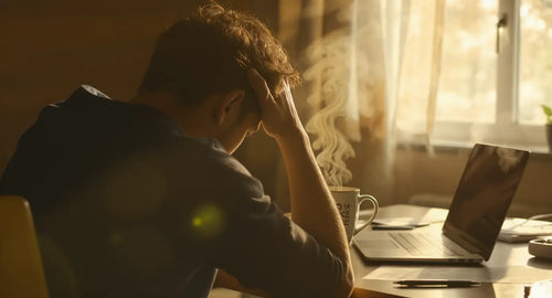 Person slumped at a desk holding their head, coffee steaming beside a laptop.