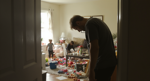 Weary parent pausing in doorway of a cluttered living room as two children play.