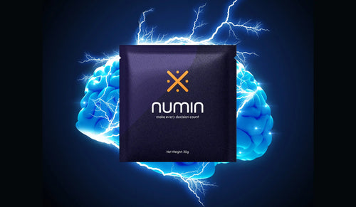 Natural brain enhancer supplement packet labeled “Numin” displayed in front of an electrified glowing blue brain background.