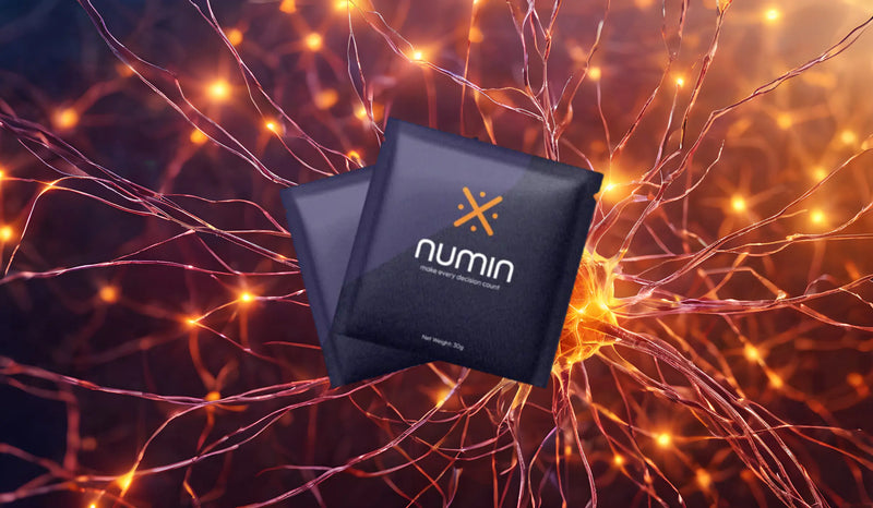 Nootropics for focus Numin packets displayed against glowing neural connections symbolizing enhanced concentration and cognitive performance