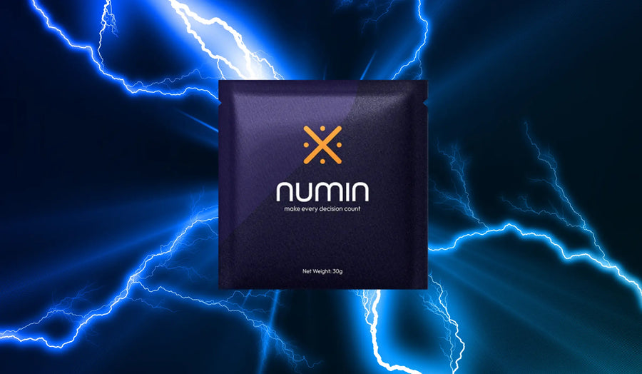 Cognitive supplement stick pack from Numin set against a dramatic blue lightning background to convey mental energy.