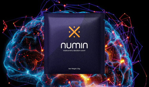 Brain health supplement sachet by Numin displayed in front of a glowing digital brain network