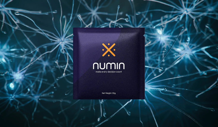 Supplements for productivity by Numin displayed in front of glowing blue neurons on a dark background