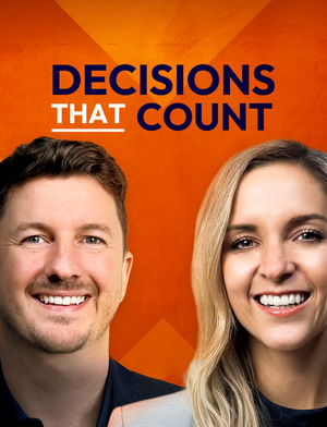 Two smiling podcast hosts for Decisions That Count decision making podcast against orange background